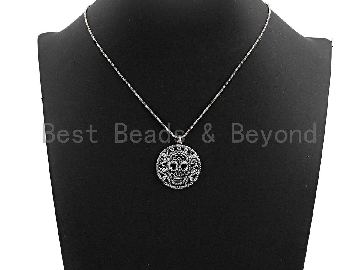 CZ Micro Pave Hollow Out Skull With Ring Pendant, Antique Silver Tone, Cubic Zirconia Pave Round Pendant, 29x32mm,sku#F1025