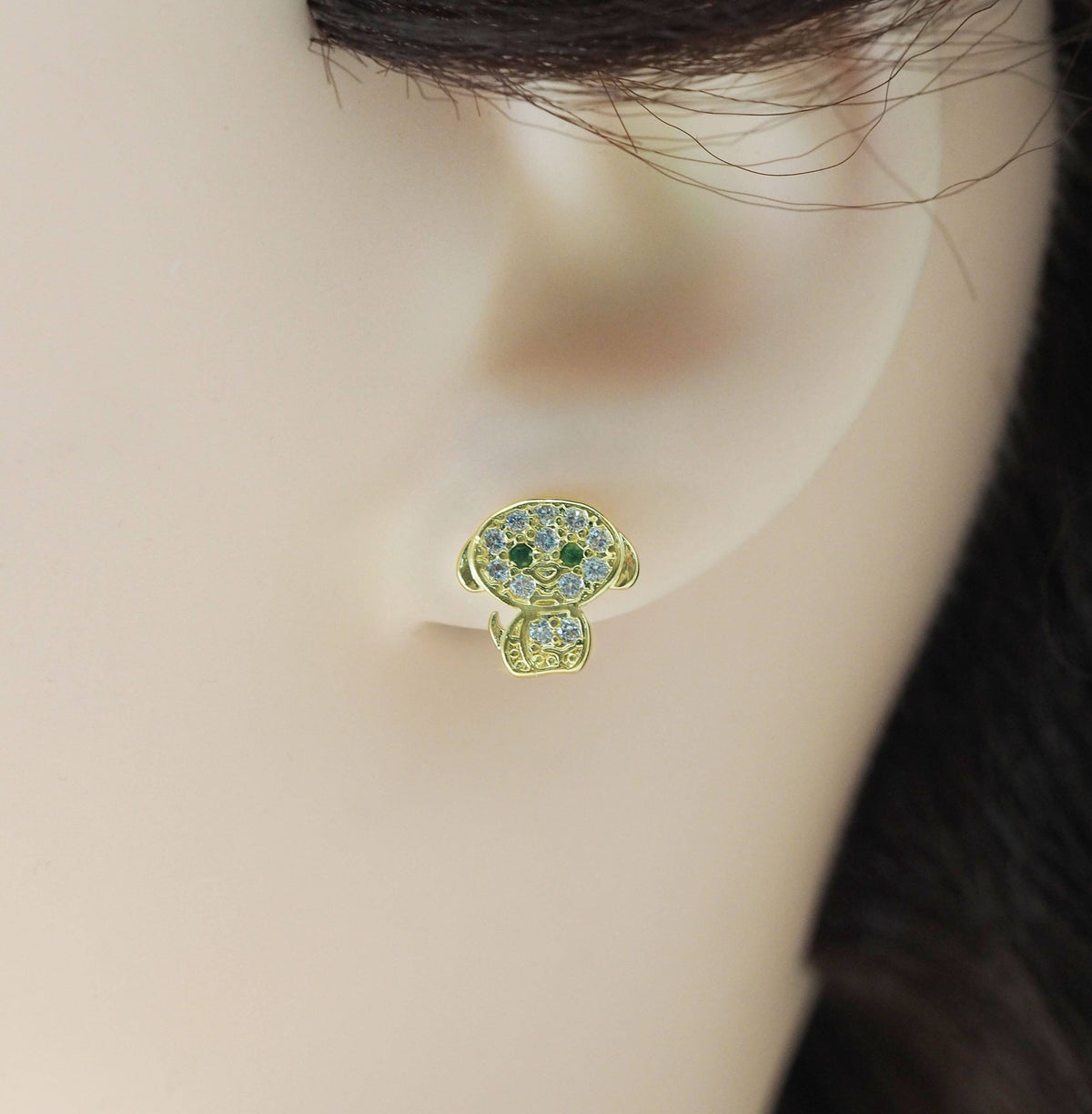 Cute CZ Gold Puppy Dog Stud Earrings, Sku#LD353