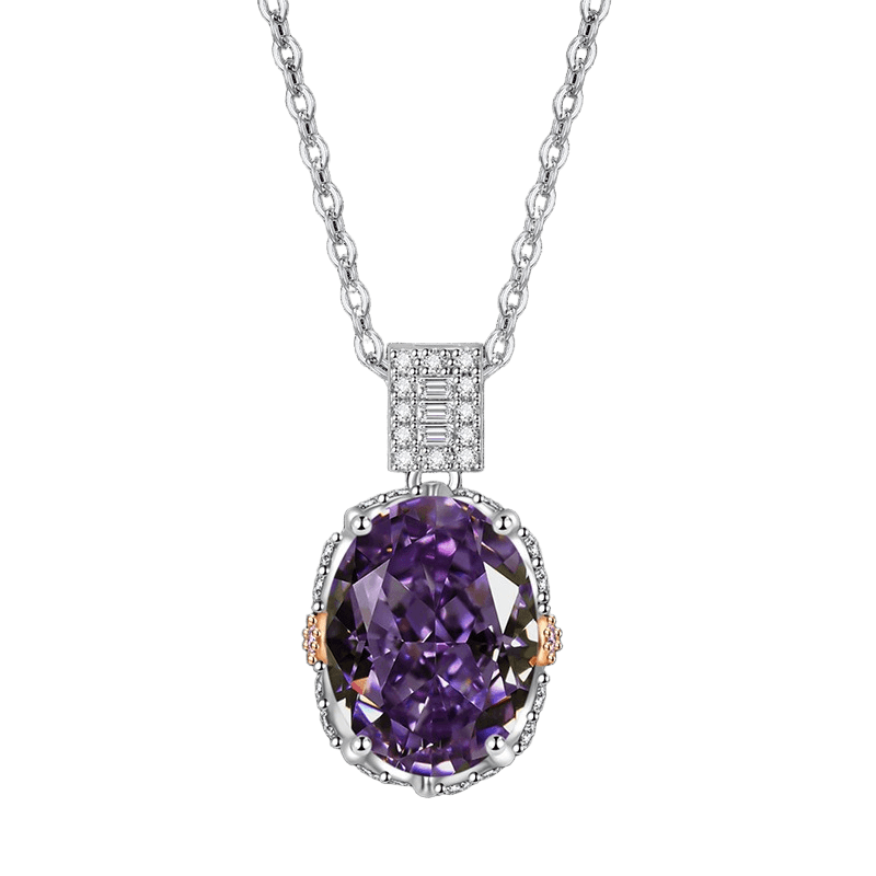 Multicolor Ice Flower Cut Oval CZ Pendant Necklace, 10*14mm 8A Cubic Zirconia, Two-Tone Pave CZ Halo with Pavé Top Frame, Adjustable Chain