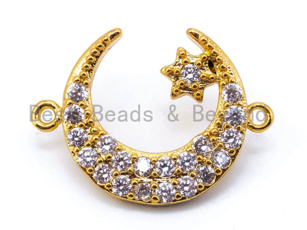 CZ White Micro Pave Moon with Star Connector/Charm, Moon Star Connector Charm, 17x23mm,  sku#M50