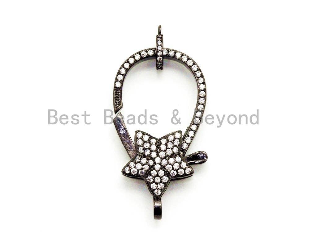 CZ Micro Pave Star Lobster Claw Clasp, Cubic Zirconia Clasp, Gold/Silver/Rose Gold/Black, 20x37mm, sku#H52