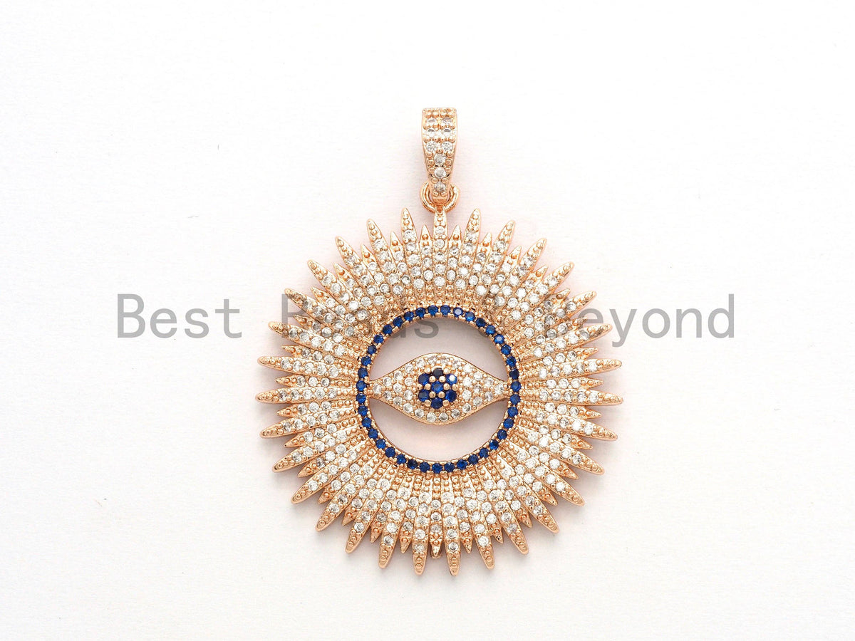 Large CZ Micro Pave Flower With Blue Evil Eye Pendant, Cubic Zirconia Paved Charm/Focal Pendant, Necklace Charm Pendant, 36x39mm,sku#F556