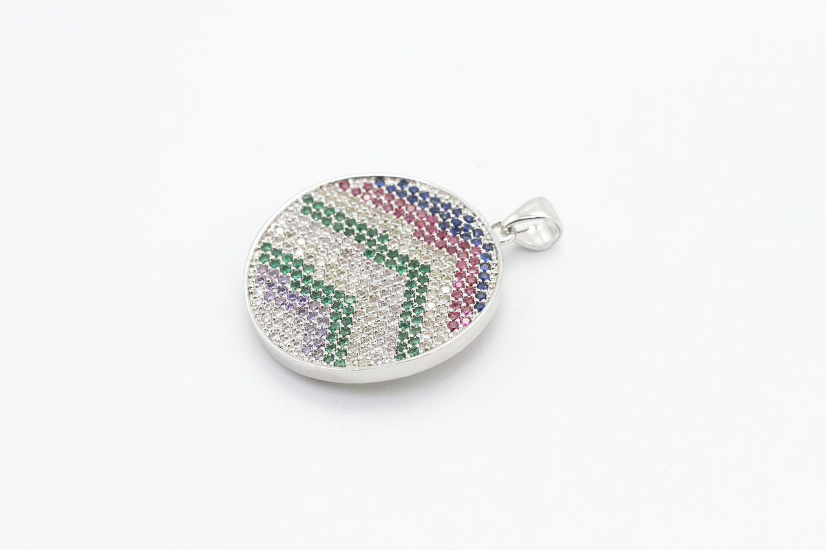 CZ Micro Pave Mixed Color Zigzag Round Disc Pendant, Cubic Zirconia Necklace Pendant, 25x31mm, sku#F3