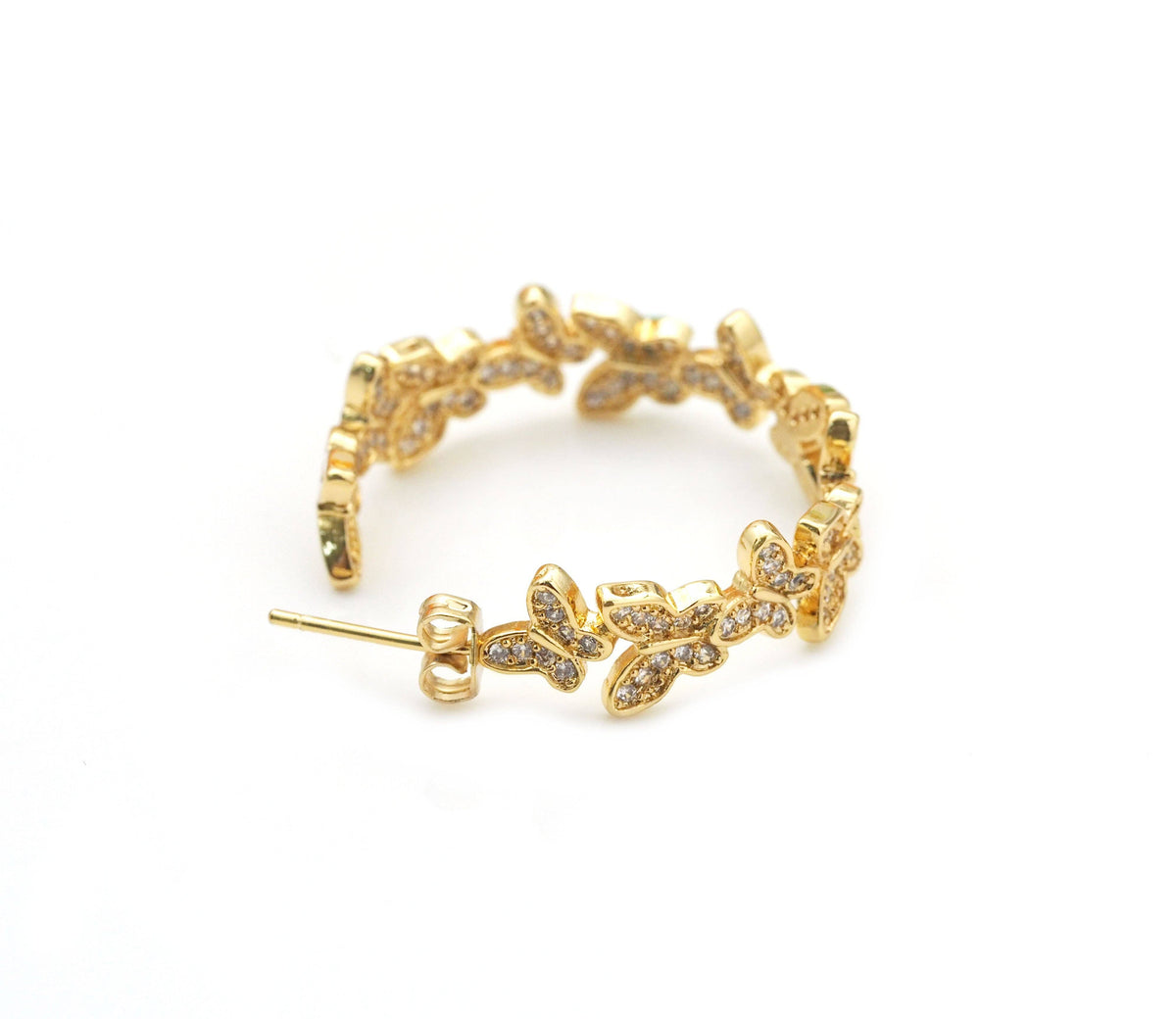 CZ Gold Butterfly Round Stud Earrings, Sku#J370