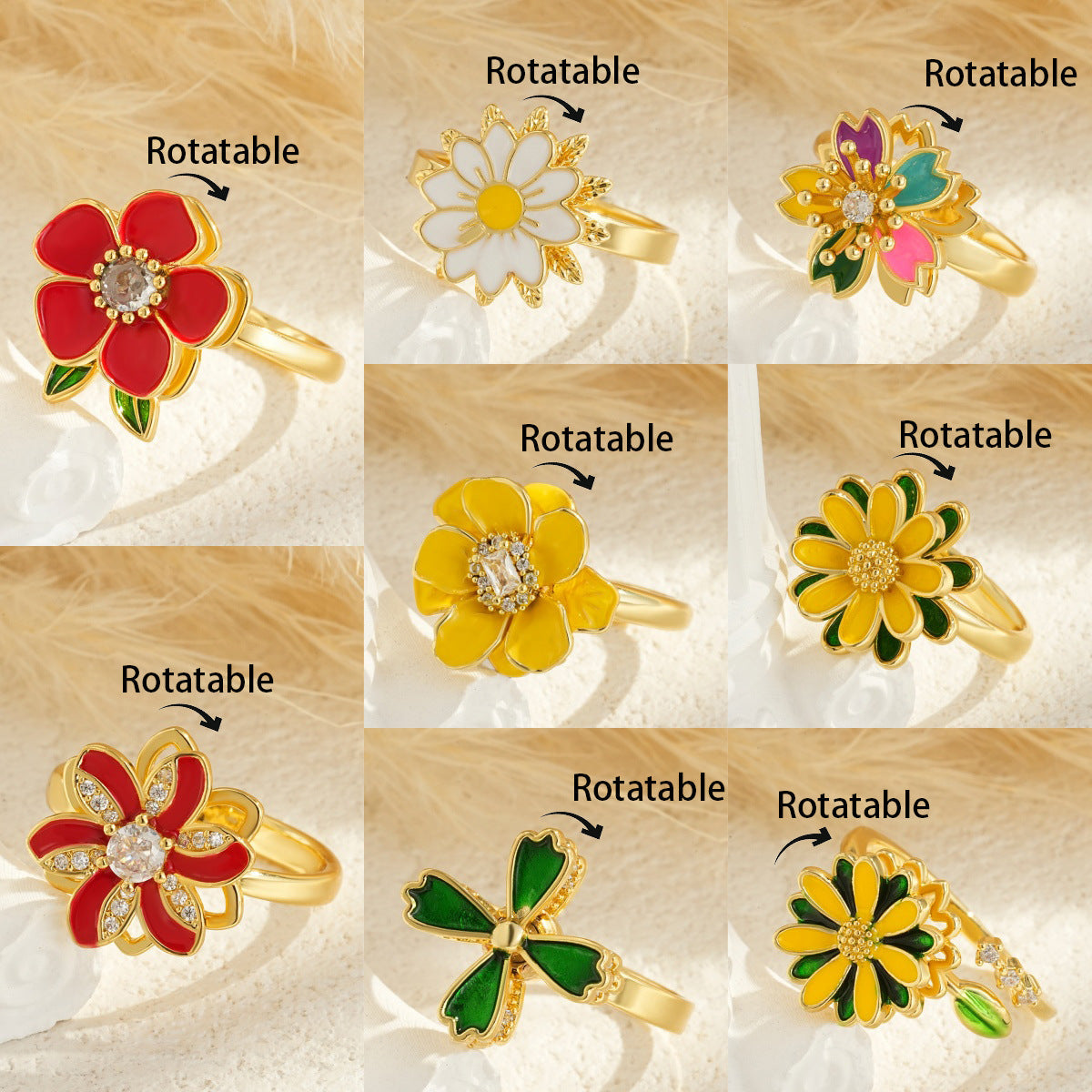 Rotatable Flower-shaped Gold-plated Ring