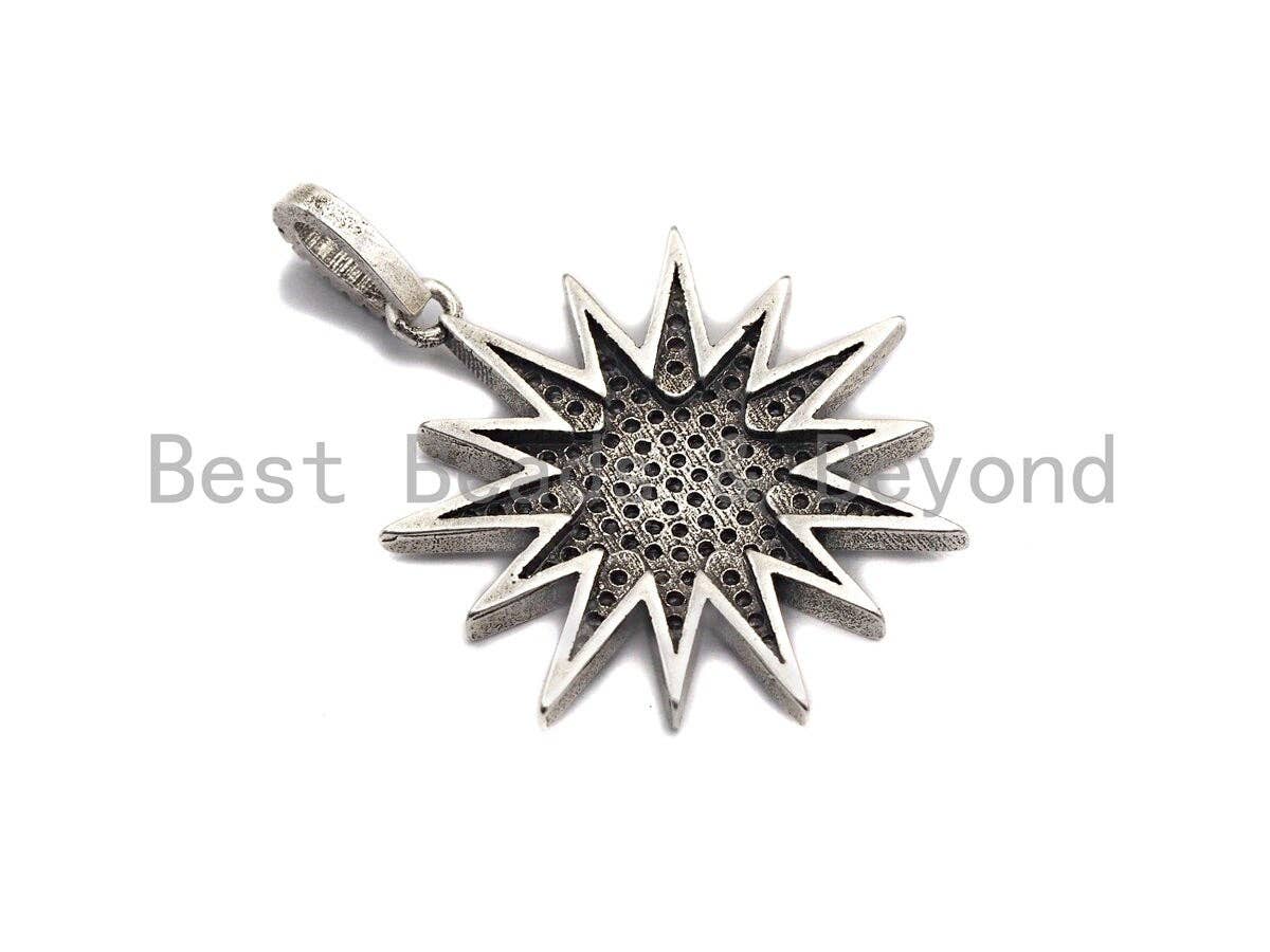 CZ Micro Pave North Star Pendant, Antique Silver Tone,  27x29mm,sku#F997C