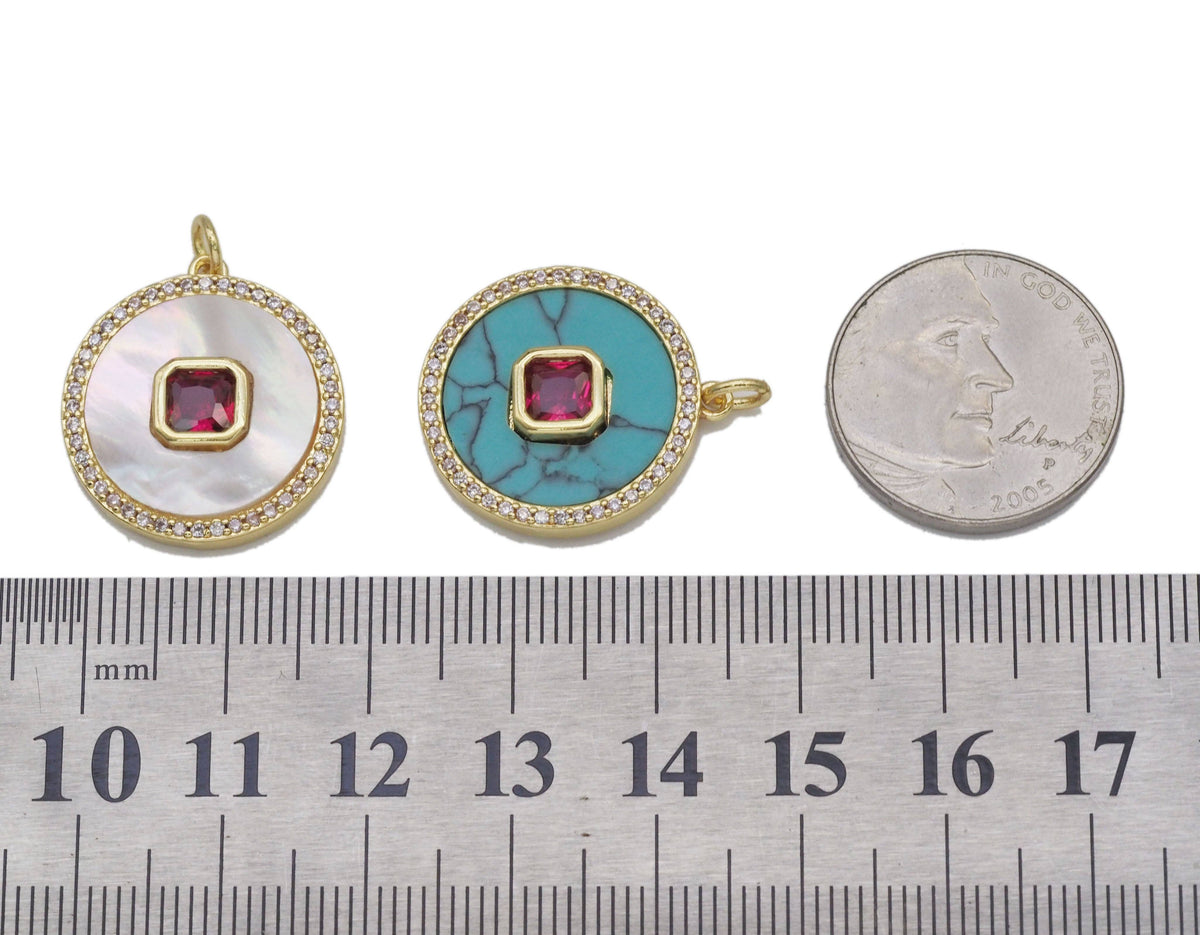 Gold Square CZ on MOP/Turquoise Round Charm, Sku#L692