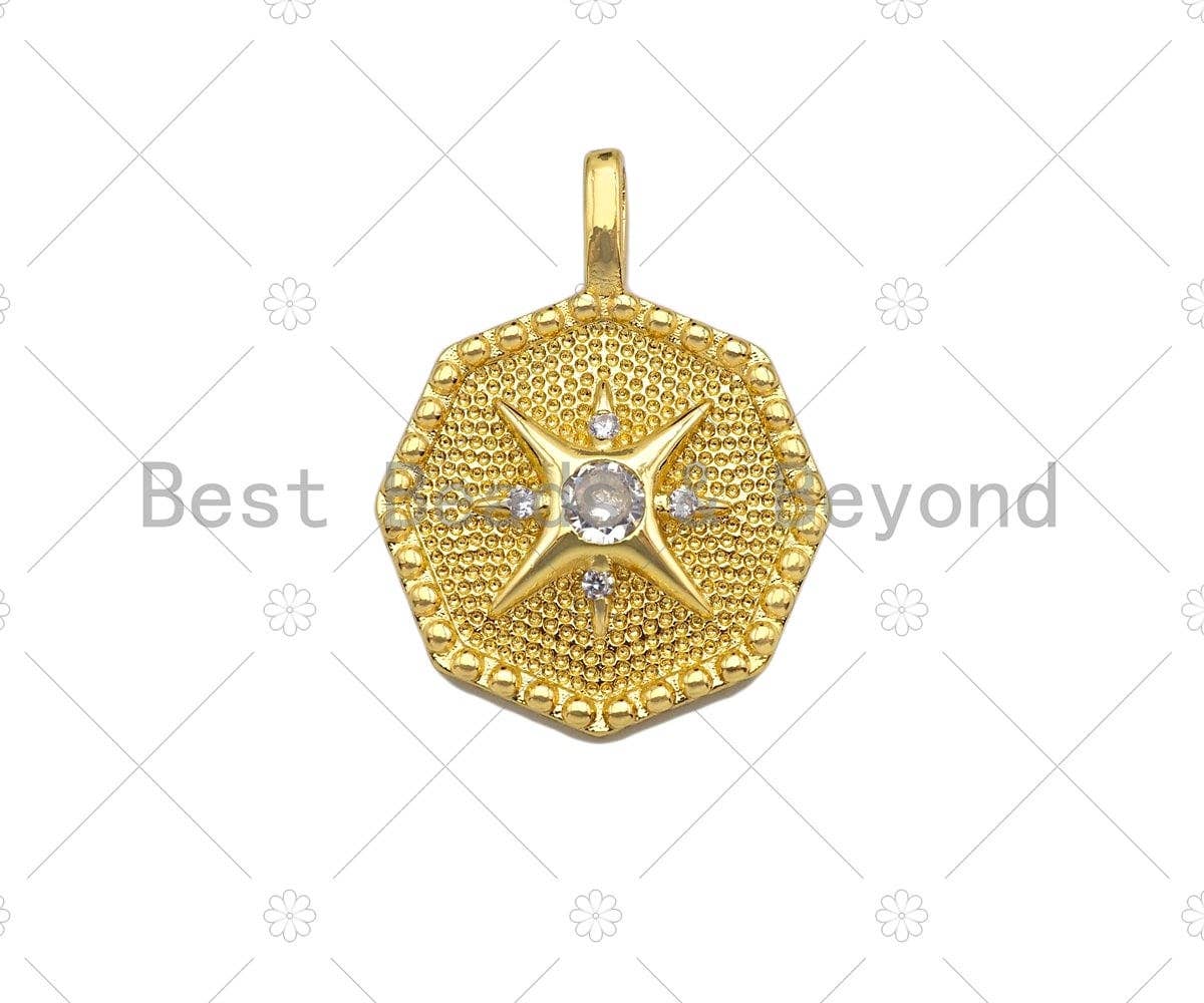 Big CZ Micro Pave North Star On Octagon Shape Pendant/Charm,Dainty Gold/Silver Charm, Necklace Bracelet Charm Pendant,19x25mm, Sku#B127