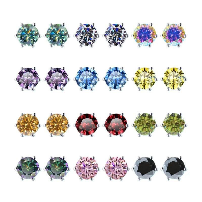 S925 Colorful Moissanite & CZ Classic 6-Prong Stud Earrings For Men Women Gift