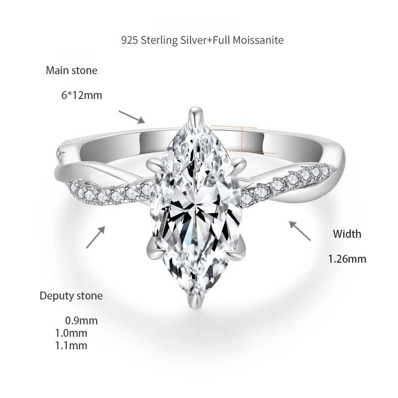 Marquise Moissanite Engagement Ring Set – 2 Carat Brilliant Cut, 3EX Precision, Sterling Silver
