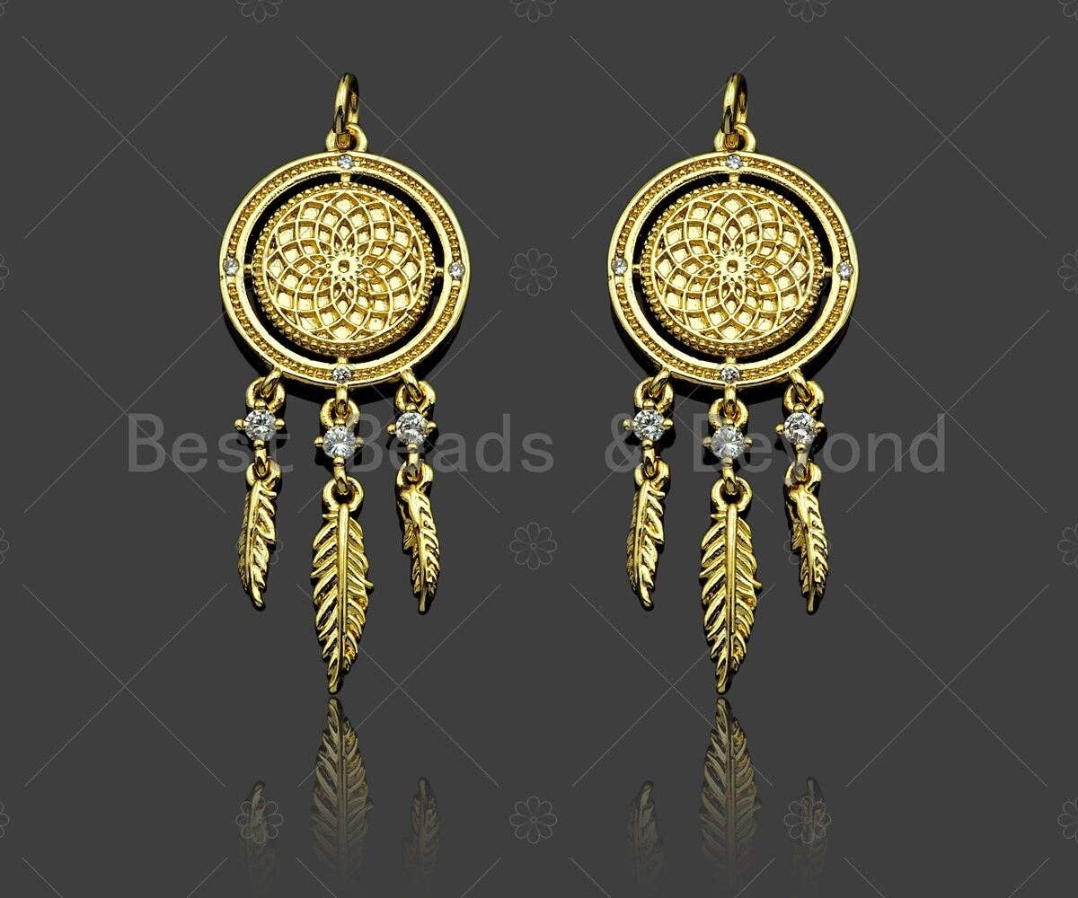 CZ Micro Pave Disc With Feather Shape Pendant Charm,Sku#F1357C