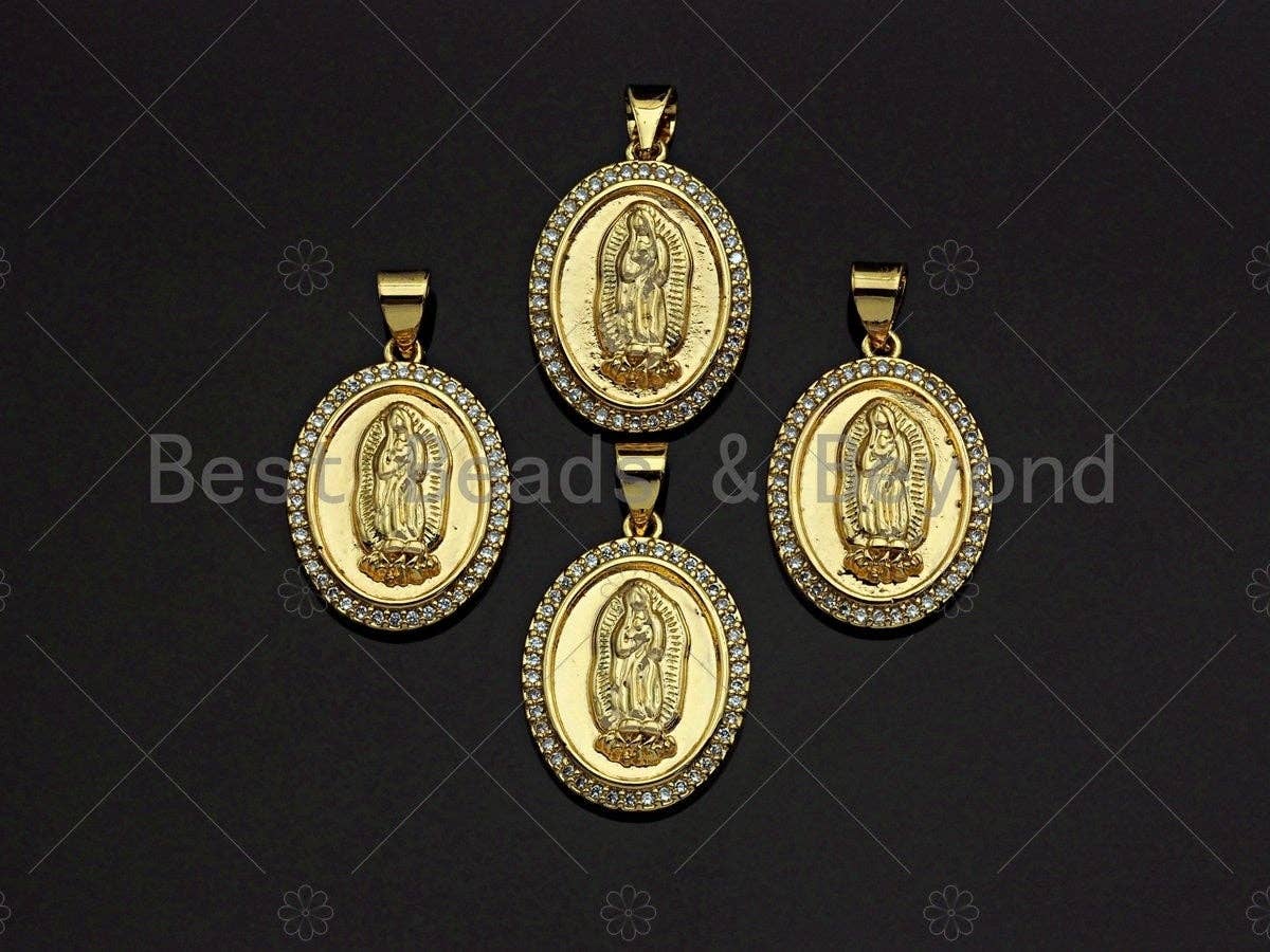 18K Gold Virgin Mary On Oval Emblem Shape Pendant, Oval Charm, Virgin Mary Pave Pendant, Dainty Gold Charm,21x15mm, Sku#F1154