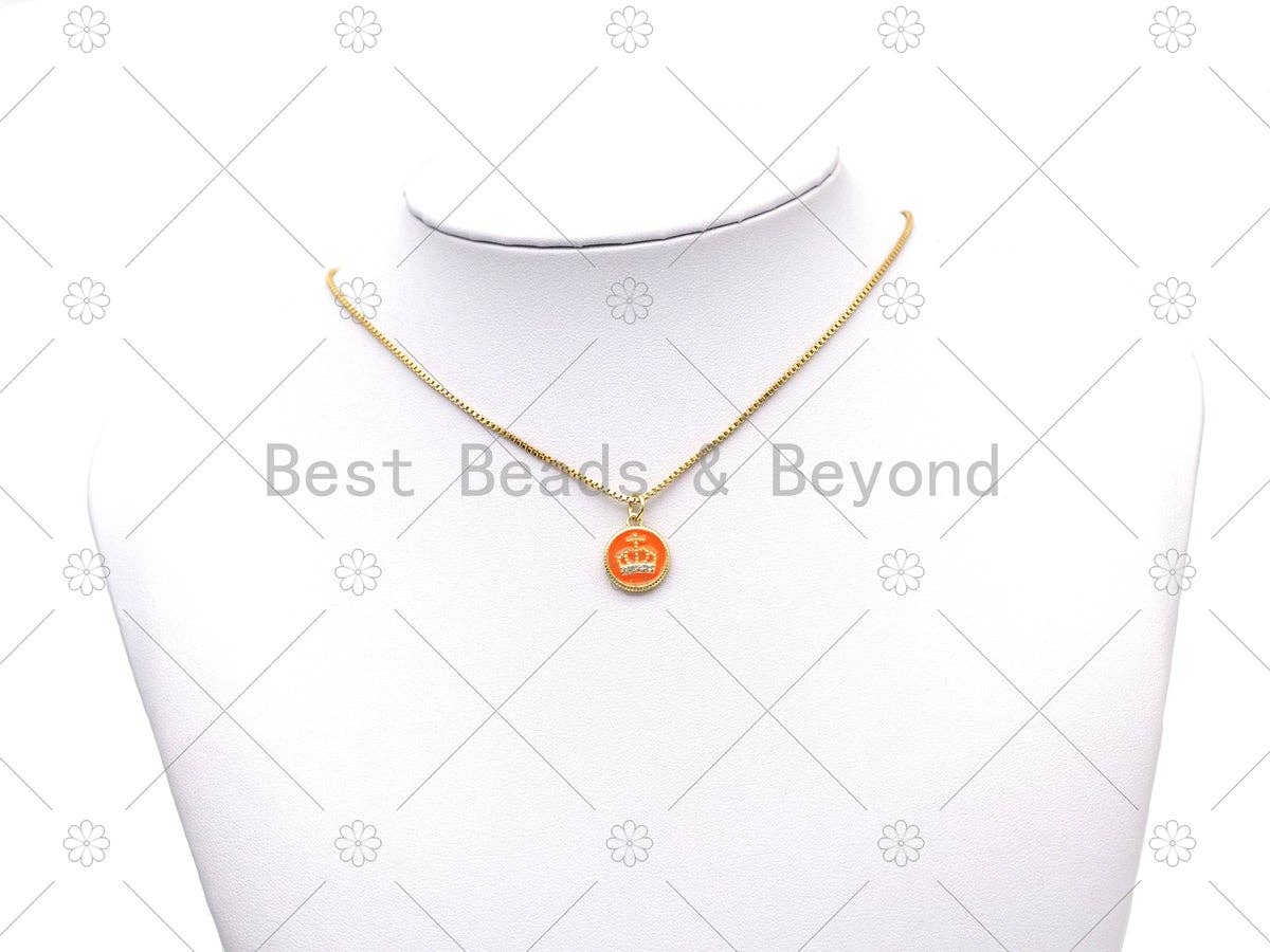 CZ Micro Pave Crown On Colorful Enamel Round Coin Shape Pendant, 18K Gold Filled Crownl Charm, Necklace Bracelet Charm Pendant, Sku#JD20