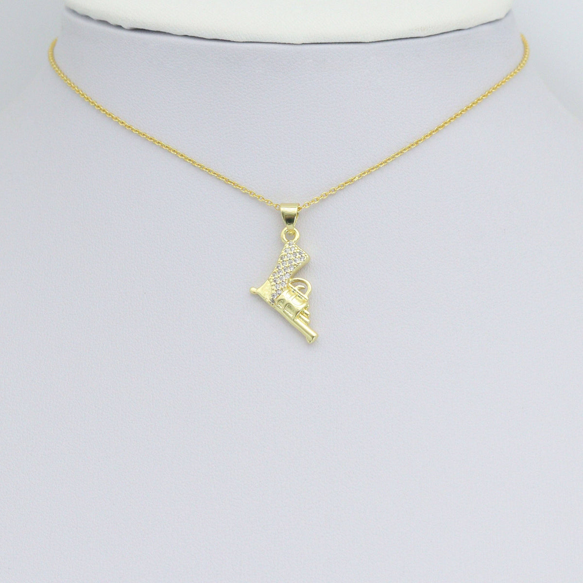 Clear CZ Gold Pistol Gun Charm Pendant, Sku#LK1205