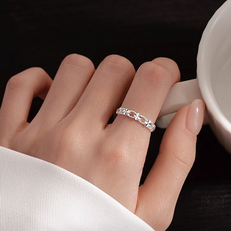 S999 Pure Silver Carved Flower Ring For Women, Light Luxury Minimalist Hollow Floral Forest Style, Premium Open Index Finger Ring