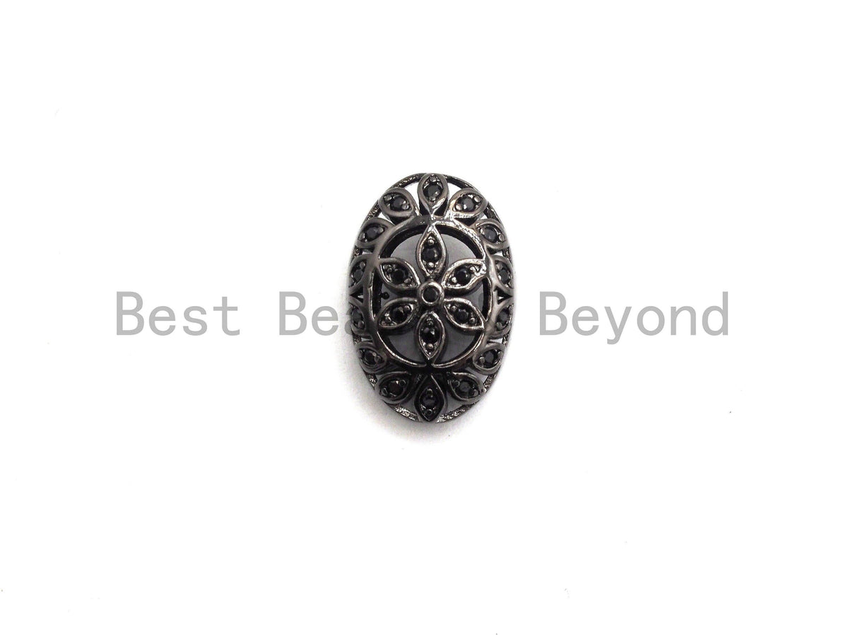 Black CZ Pave On Black  Micro Pave Oval Spacer Beads with Flower Pattern, Black CZ Pave Beads for Bracelet/Necklace, 12x17mm, sku#G416