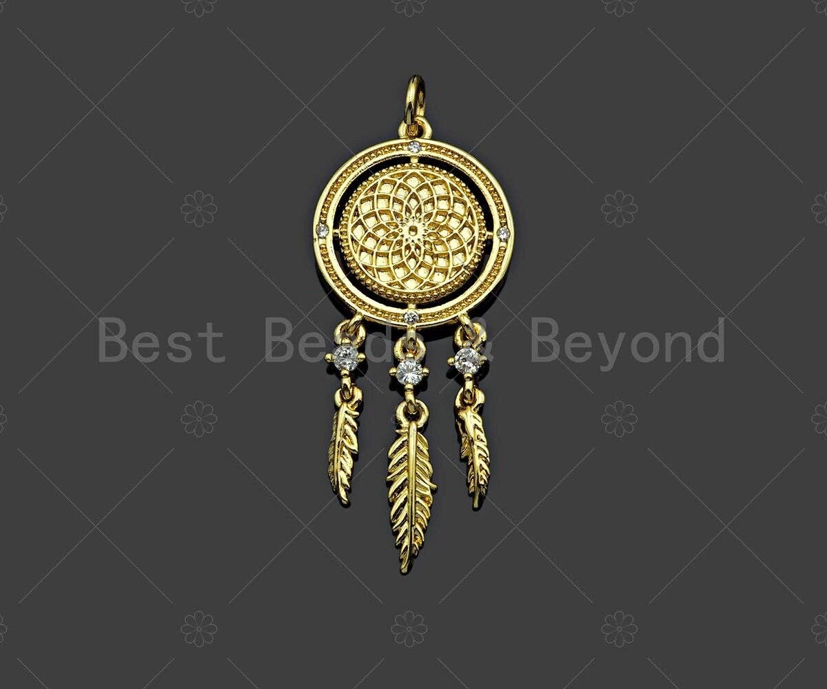 CZ Micro Pave Disc With Feather Shape Pendant Charm,Sku#F1357C
