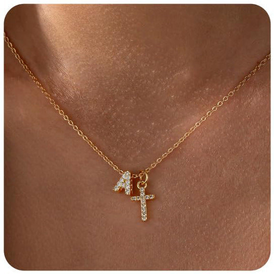 Zircon Inlaid 26 Letter Cross English Necklace