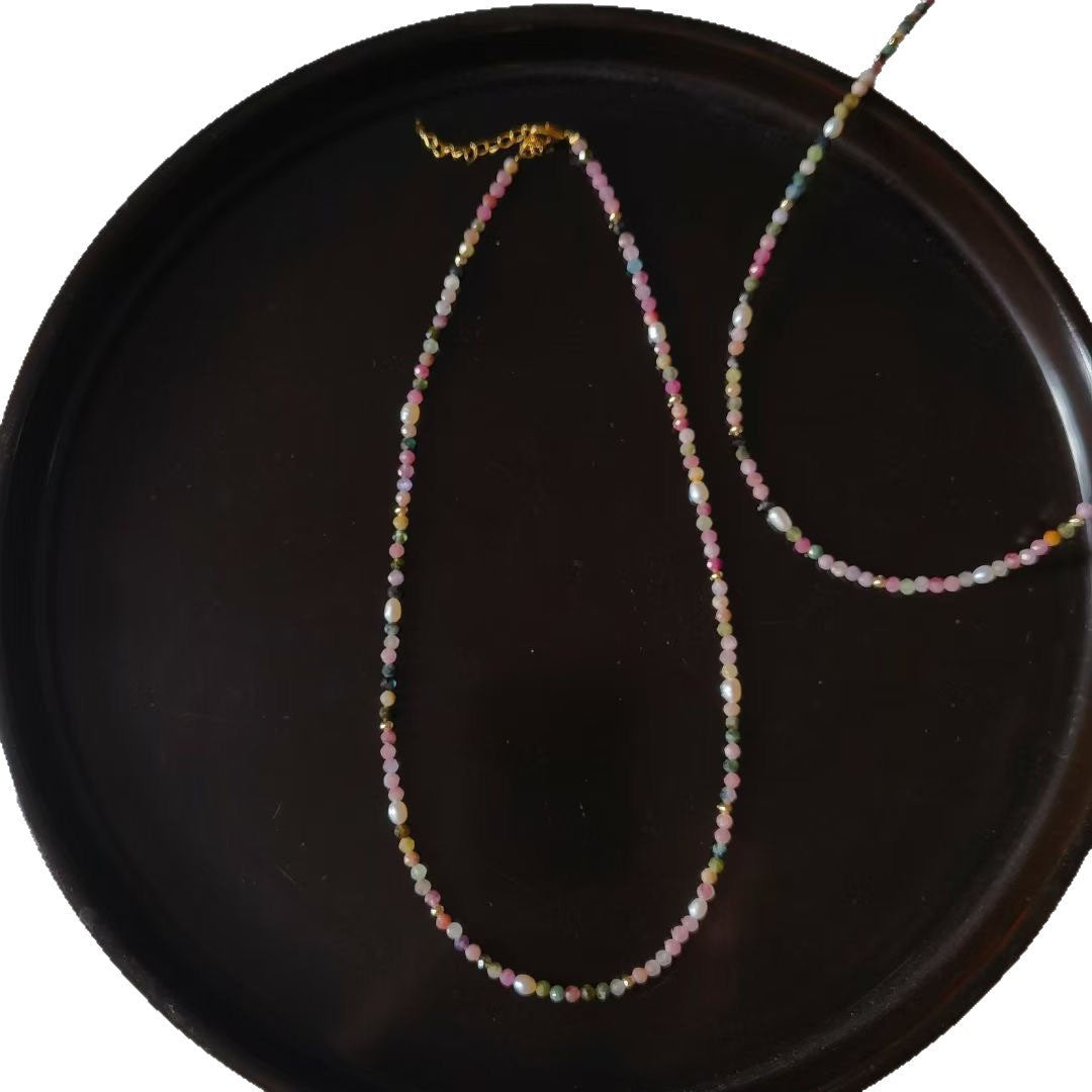 Natural Tourmaline And Freshwater Pearl Beaded Necklace