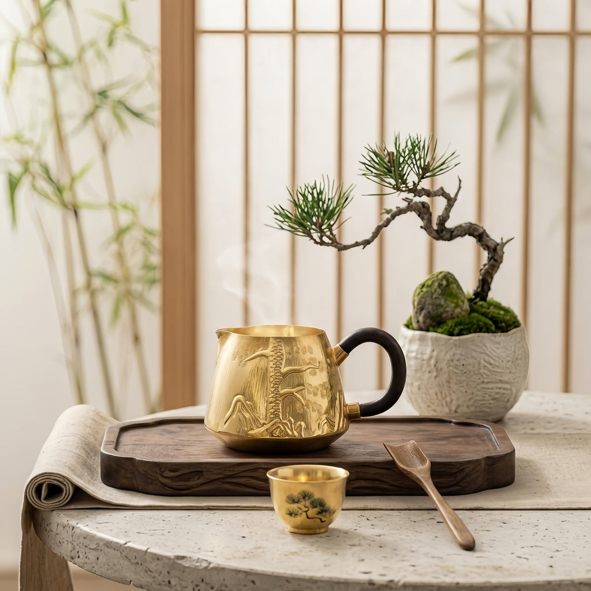Pure 999 Fine Silver Elegant Handcrafted Gilded Pitcher Featuring Embossed Pine and Mountain Landscape with Dark Wood Handle - Handicraft