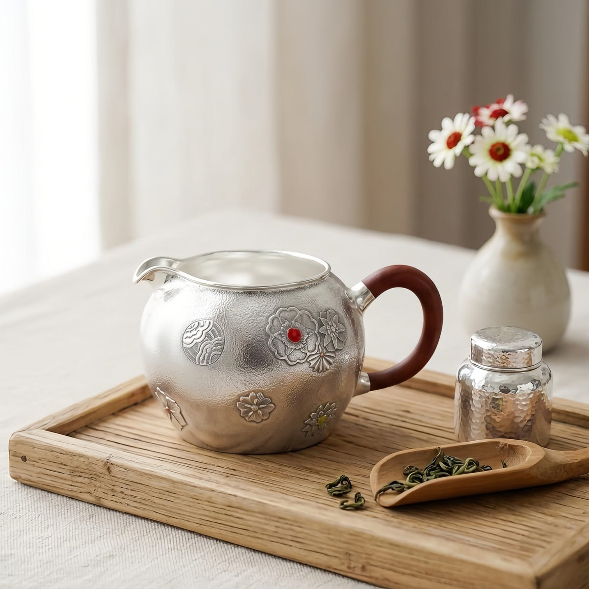 Pure 999 Fine Silver Handcrafted Silver Tea Fair Cup with Floral Relief and Wooden Handle - Handicraft
