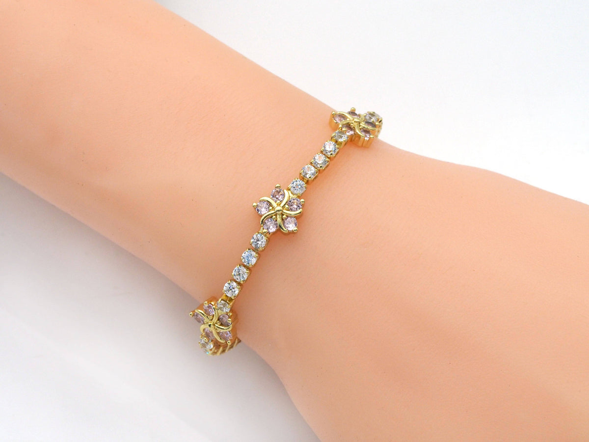 Pink Flower Gold Tennis Necklace Bracelet,sku#JL165