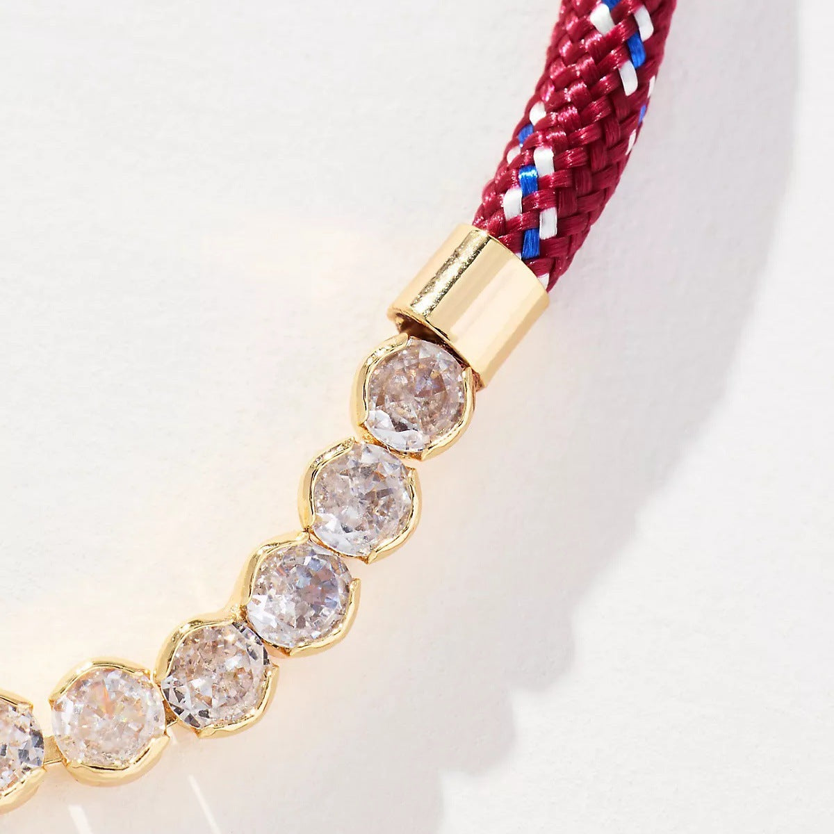 Off-white Brown-striped Woven Necklace With Diamond-encrusted Gold Chain