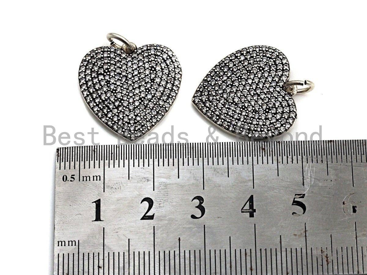 CZ Micro Pave Heart Shape Pendant, Antique Silver Tone, Cubic Zirconia Pave Heart Charm Pendant, 22mm,sku#F1024