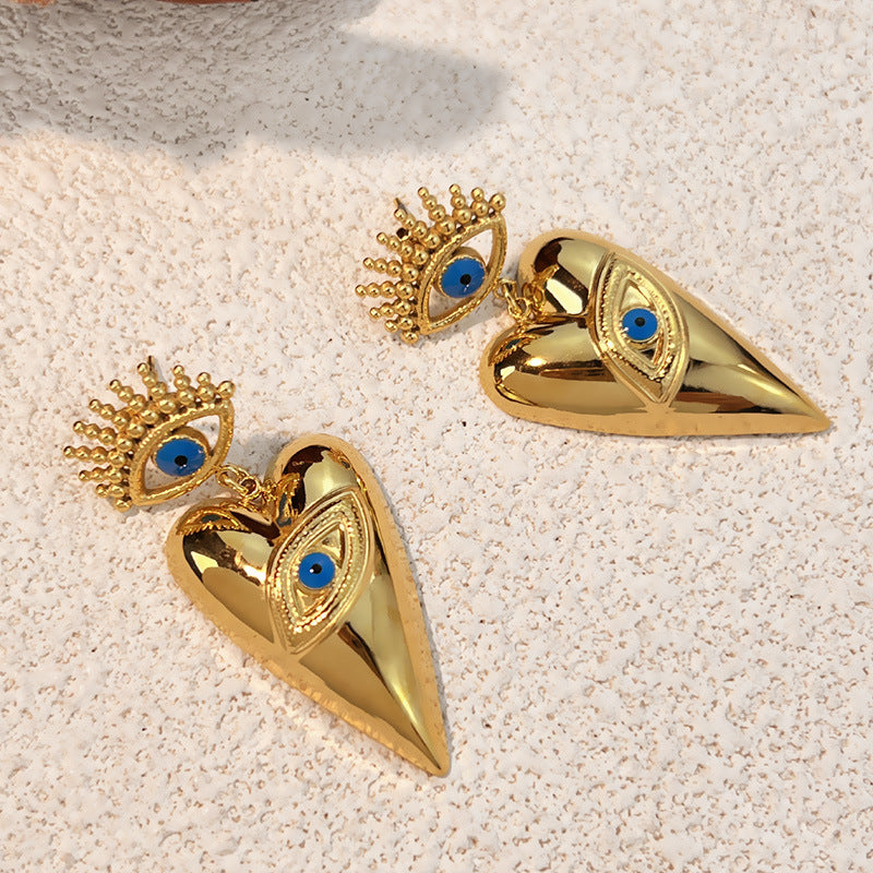18k Gold-Plated Stainless Steel Dripping Oil Evil Eye Heart Earrings