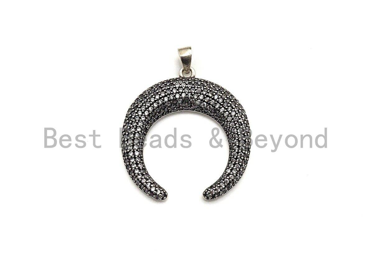 CZ Micro Pave OX Horn Shape Pendant, Antique Silver Tone, Cubic Zirconia Pave Crescent Charm Pendant, 32x35mm,sku#F1028