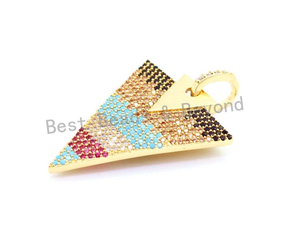 CZ Micro Pave Multi Color Triangle Pendant, Cubic Zirconia Necklace Focal Pendant, Rainbow CZ Pave Charm, 27x39mm, sku#F2