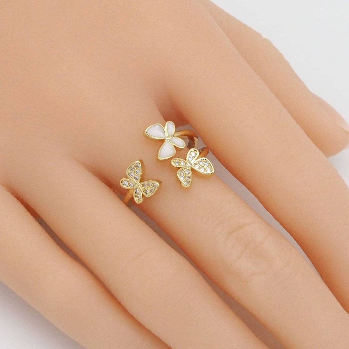 Gold CLear CZ White Enamel Butterfly Adjustable Ring, Sku#LD440