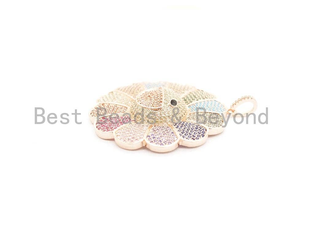 Rainbow Color CZ Micro Pave Smiley Face Sunflower Pendant/Focal, Pave pendant Gold,Silver,Rose Gold,Black plated,44mm,sku#F487