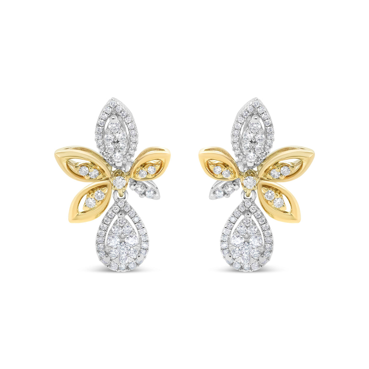 14K White and Yellow Gold 1.00 Cttw Round Pave-Set Diamond Teardrop and Marquise Shape Drop Dangle Earrings (H-I Color, SI1-SI2 Clarity)