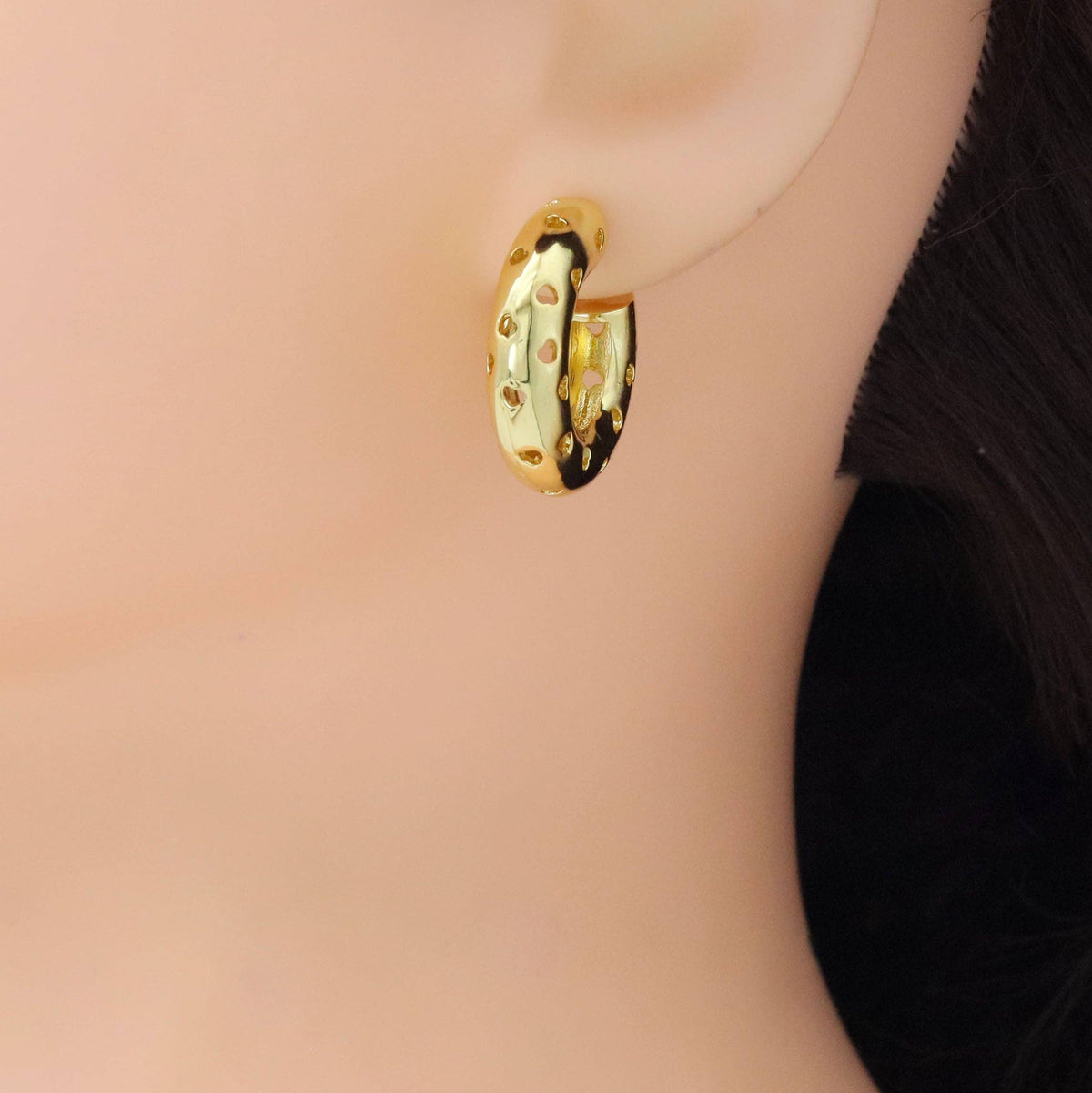 Gold Silver Hollow out Heart Thick Hoop Earrings, Sku#LD566