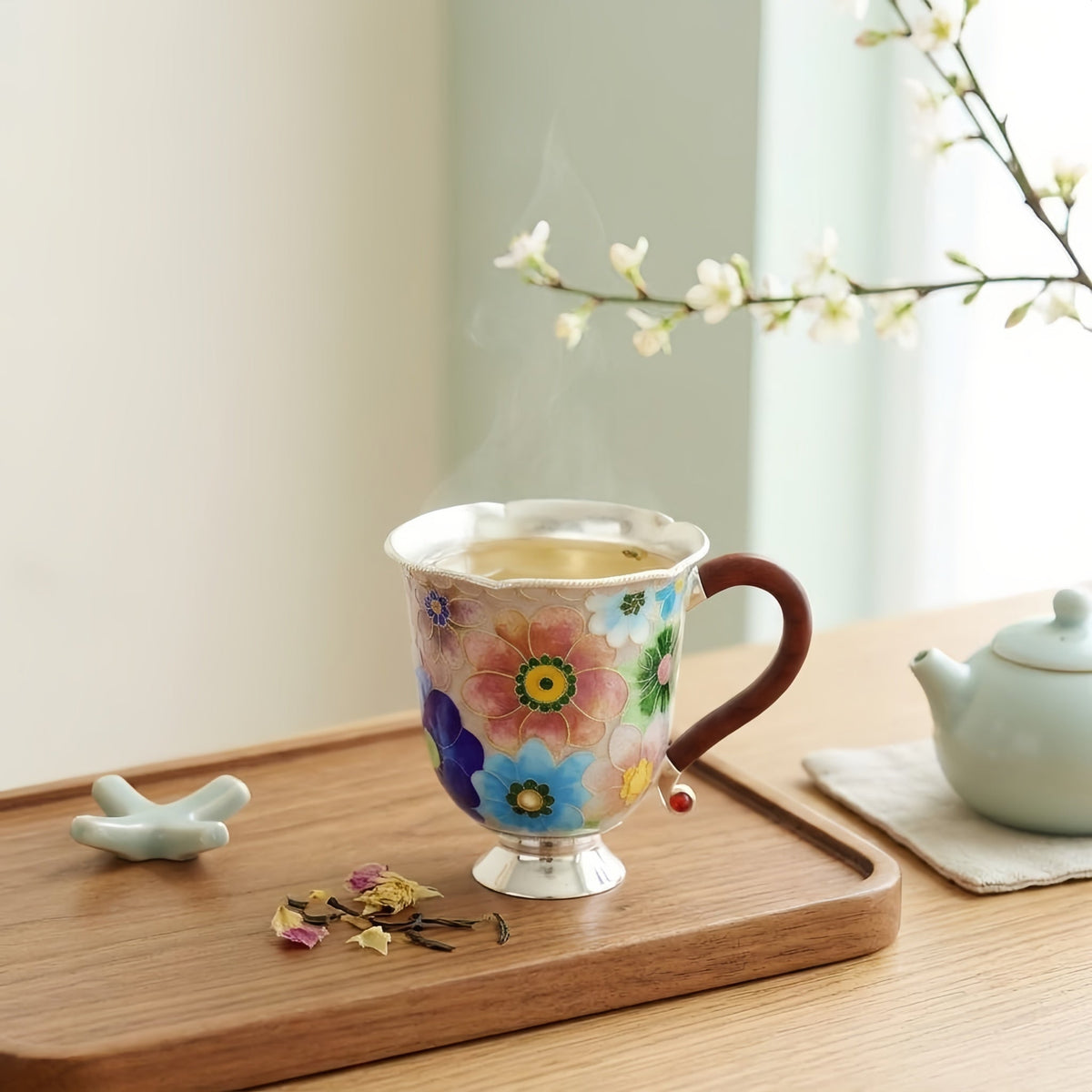 Pure 999 Fine Silver Enamel Floral Mug with Wooden Handle and Metallic Base-Premium Indigo Master Cup - Handicraft