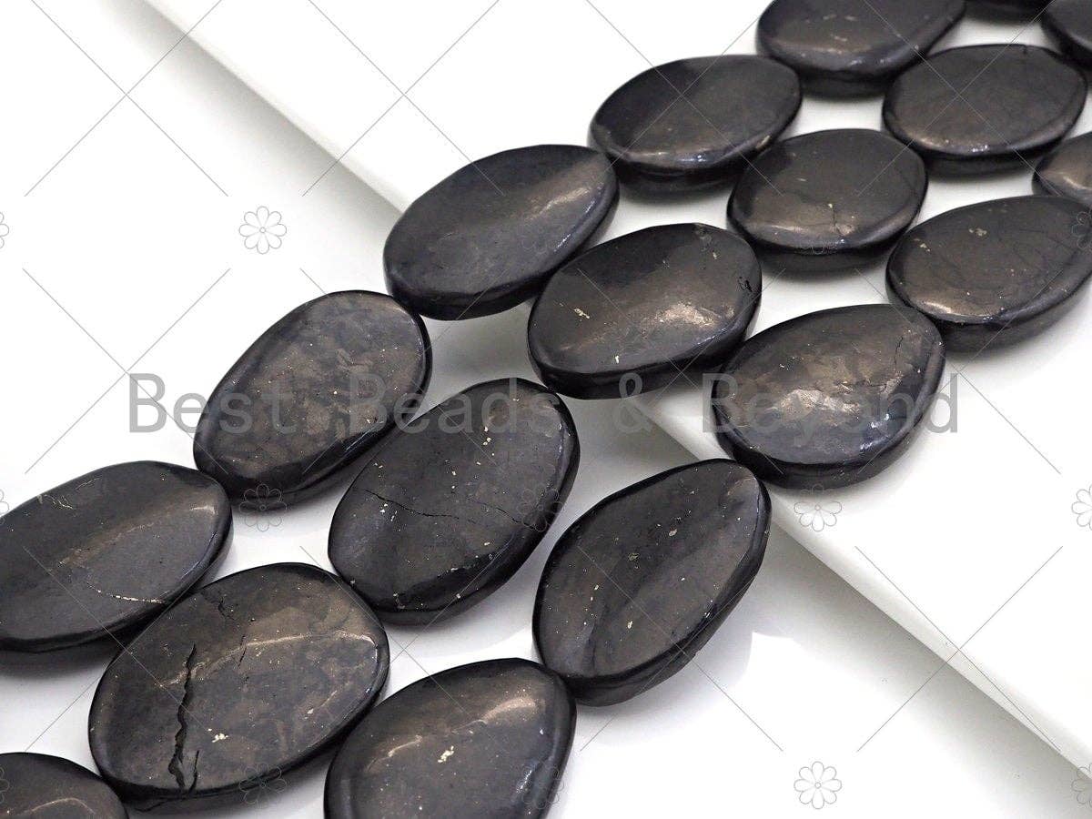 Top Quality Oval Shape Shungite, Smooth Flat Shungite, Healing Energy, Genuine Shungite Beads 30x40mm, 15.5" Full Strand, Sku#U986