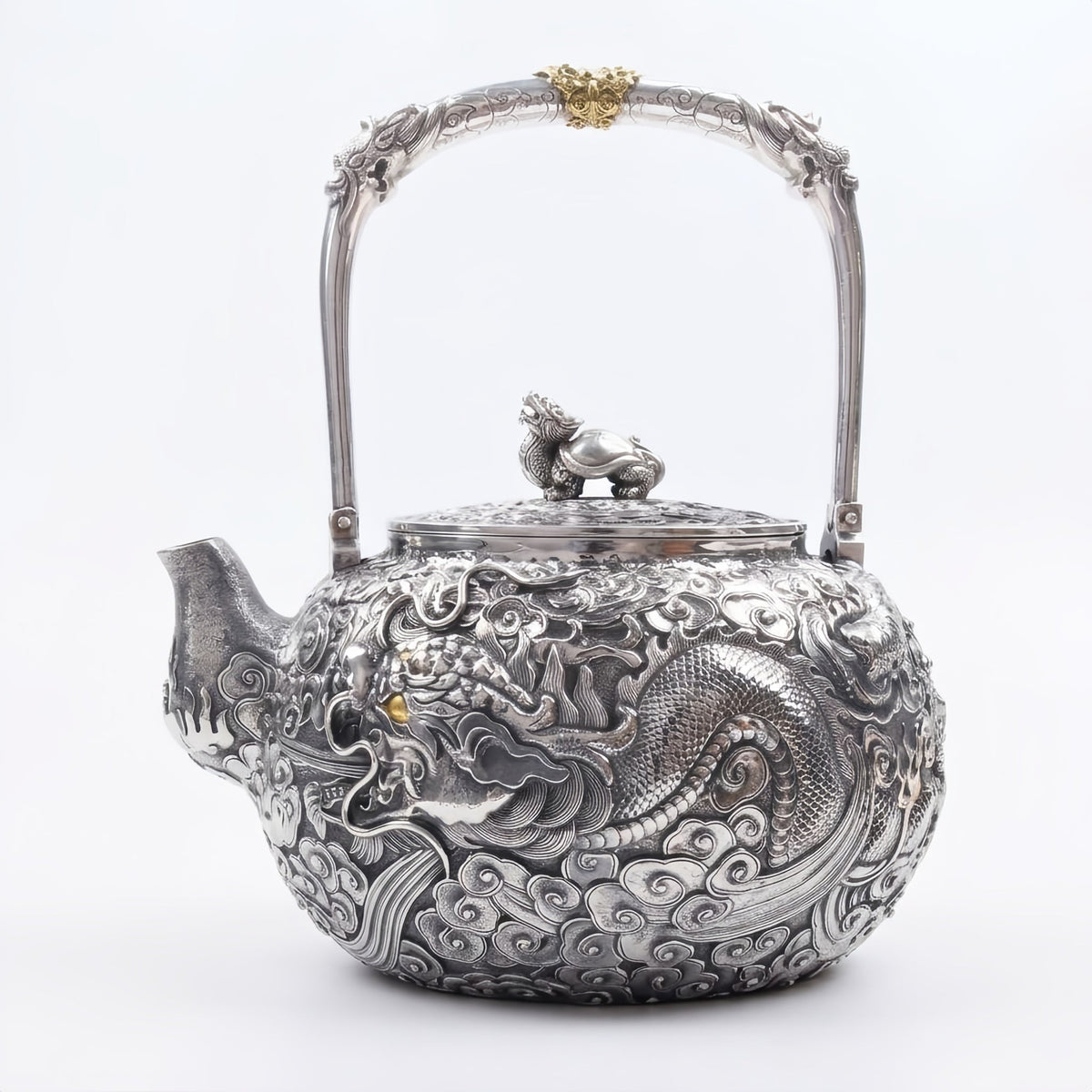 Pure 999 Fine Silver Elaborate Hand-Carved Silver Teapot with Majestic Dragon Motif and Ornate High Handle - Handicraft