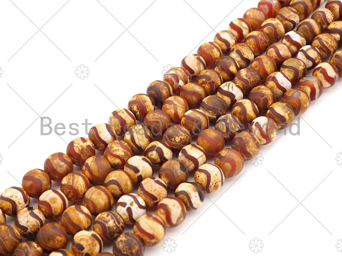 Natural Tibetan Brown Agate with Double Wavy Line Beads,8mm/10mm/12mm Agate Beads, Tibetan Round Smooth Agate,15.5" Full Strand, Sku#U1104