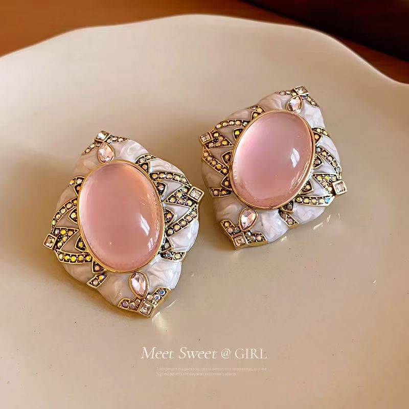 Niche Vintage Retro Earrings, Oval & Rhombus Diamond Studs, Luxury High-end Ear Jewelry