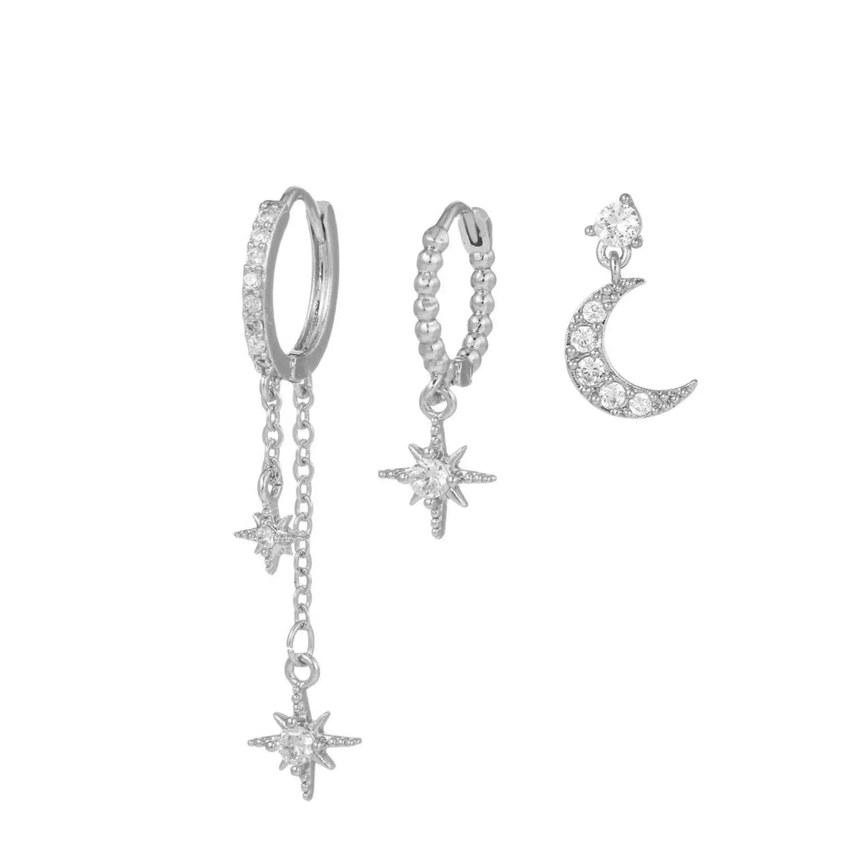 Stacking 3 Pieces Lunar Starlight Glow Earring Set, 18k Gold and White Gold Stud Drop Hoop, S925 Needle, Stacked Lobe Designs with Dazzling Zirconia