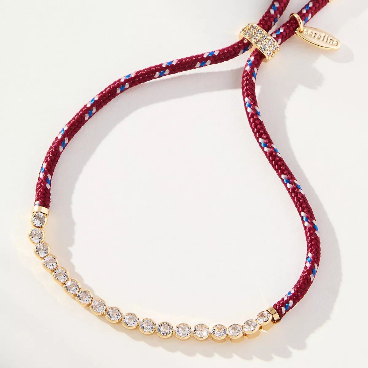 Off-white Brown-striped Woven Necklace With Diamond-encrusted Gold Chain