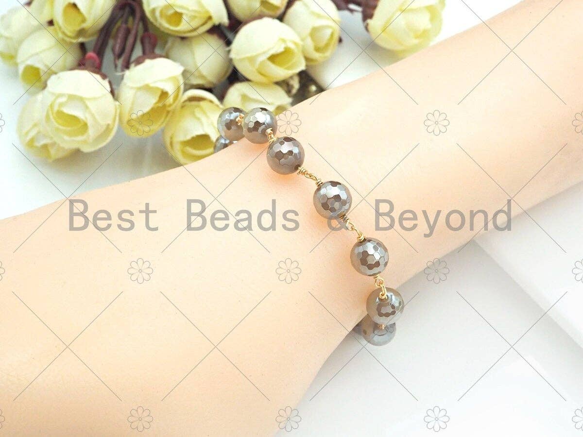 Mystic Agate Brown/Champaign/Grey Rosary Chain, 8mm Agate Beaded Chain, Wire Wrapped Gold Chain,Sku#V84
