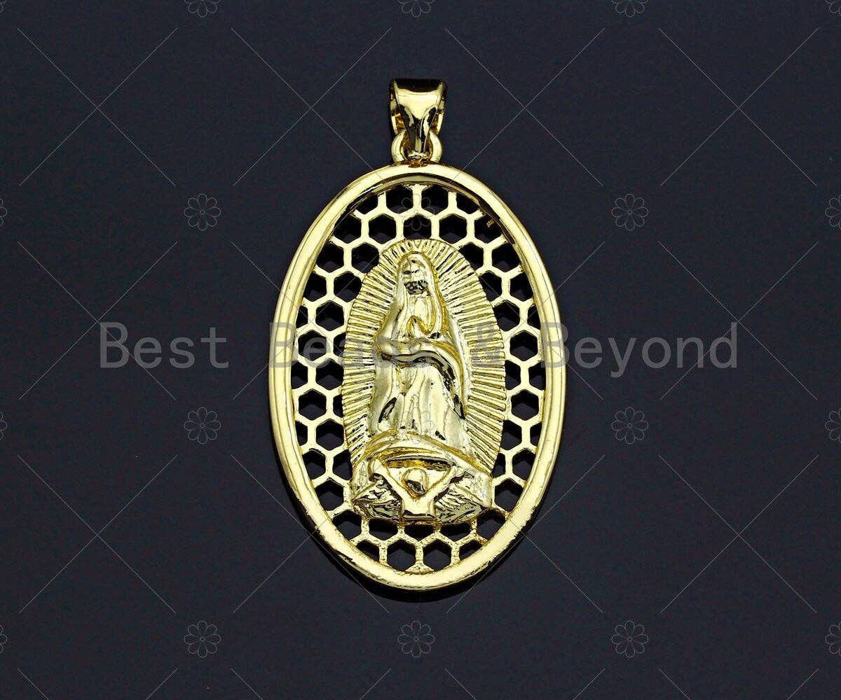 18K Gold Virgin Mary On Oval Emblem Pendant, Hollow Out Oval Charm, Virgin Mary Pendant, Dianty Gold Medallion Charm,31x19mm, Sku#F1145