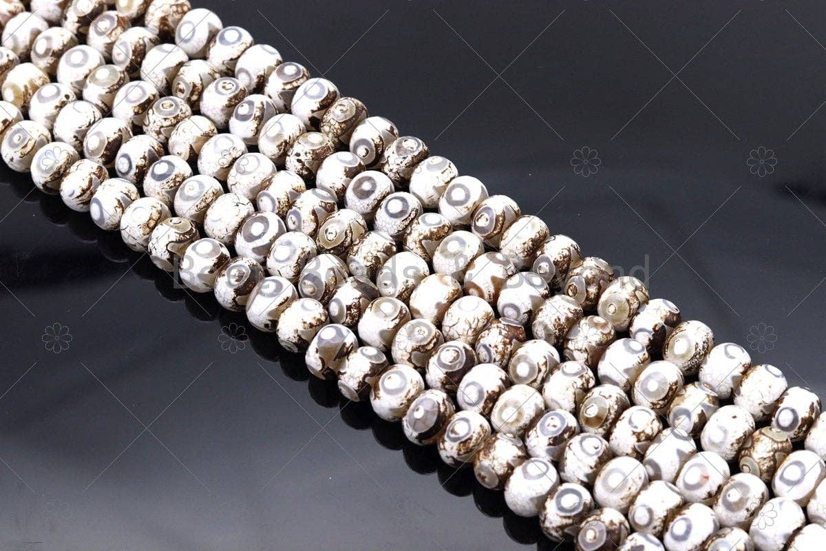 Quality DZI Brown Cream White Agate Beads, Rondelle with Evil Eye Tibetan Agate Beads, 10x14mm Natural Agate,15'' Full Strand, SKU#U1180