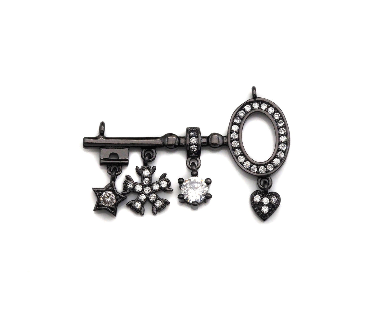 CZ Pave Star Flower Heart On Key Shape Charm, Sku#L290