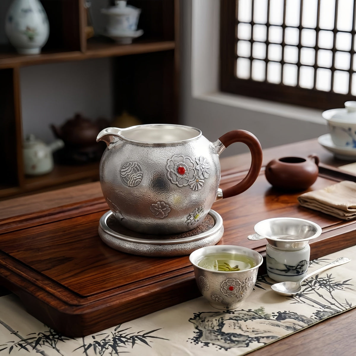 Pure 999 Fine Silver Handcrafted Silver Tea Fair Cup with Floral Relief and Wooden Handle - Handicraft