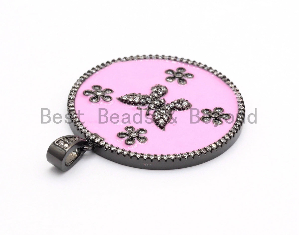 35mm LARGE Enamel Colorful Round With Flower Butterfly Penda