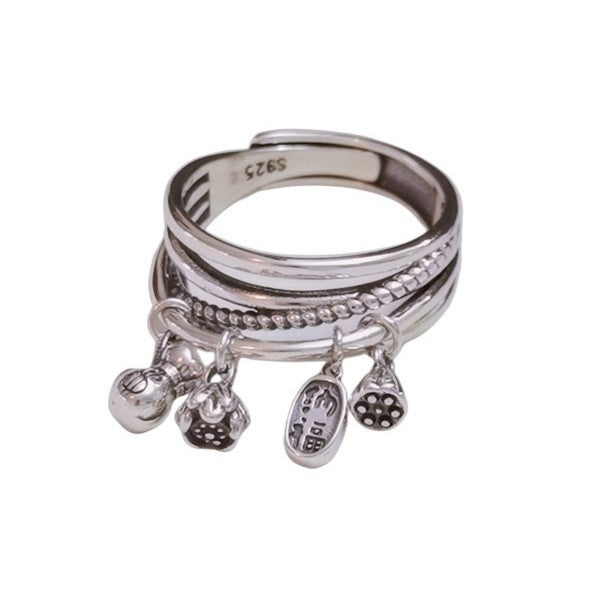 S925 Sterling Silver Ring, Money Bag Lotus Seedpod Fortune Pendant, 4 Charms, Adjustable Opening Index Finger Ring