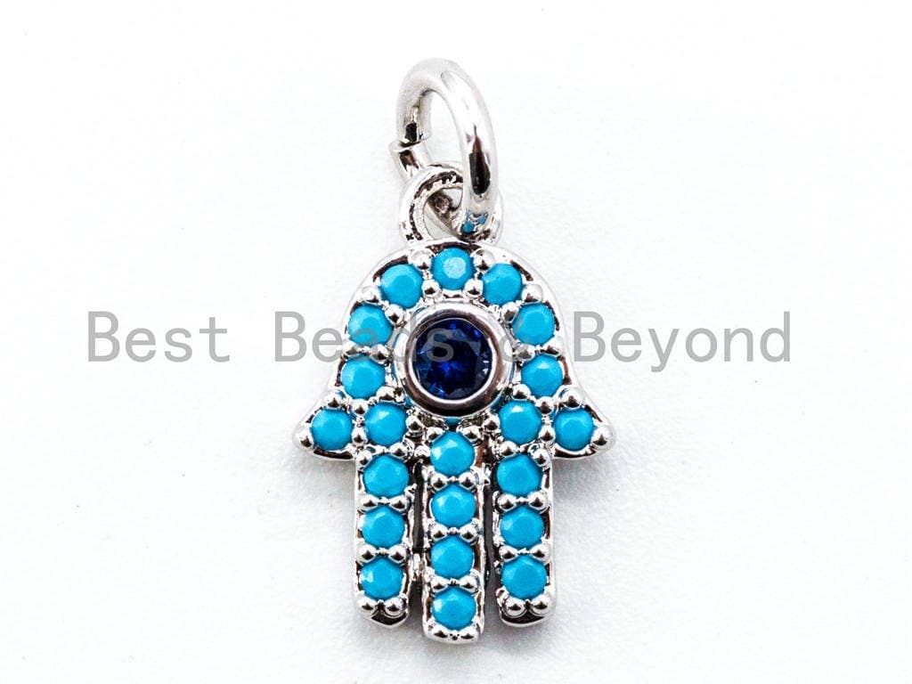 CZ Micro Pave Blue Hamsa Hand Evil Eye Pendant/Charm, Turquoise Cubic Zirconia Pave Bracelet Charms,9x13mm, sku#F339
